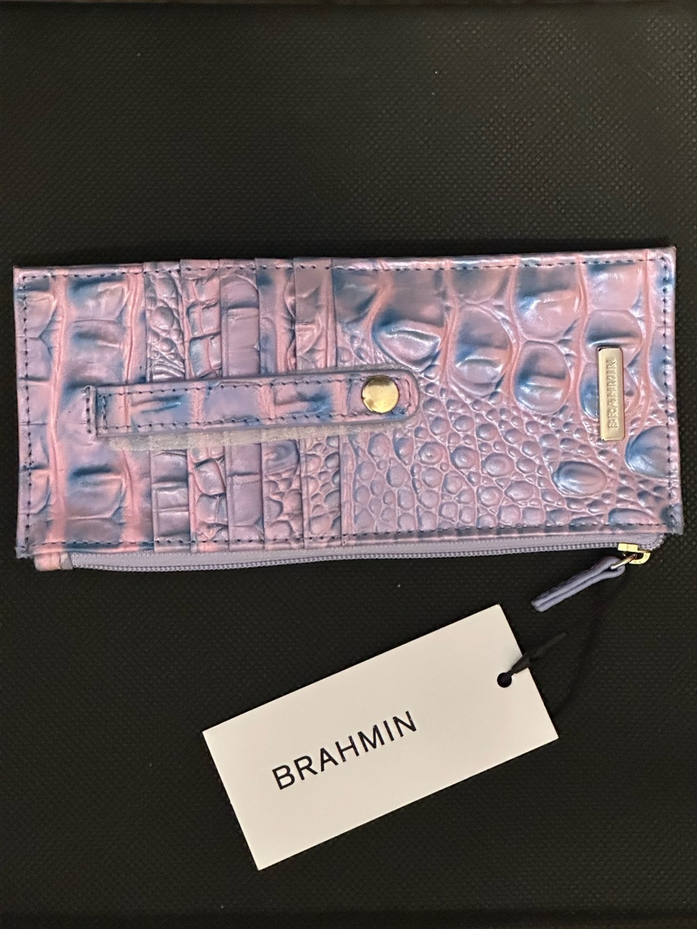 Brahmin Frosted Lilac Iridescent Pink-Blue Croc Embossed Card Wallet